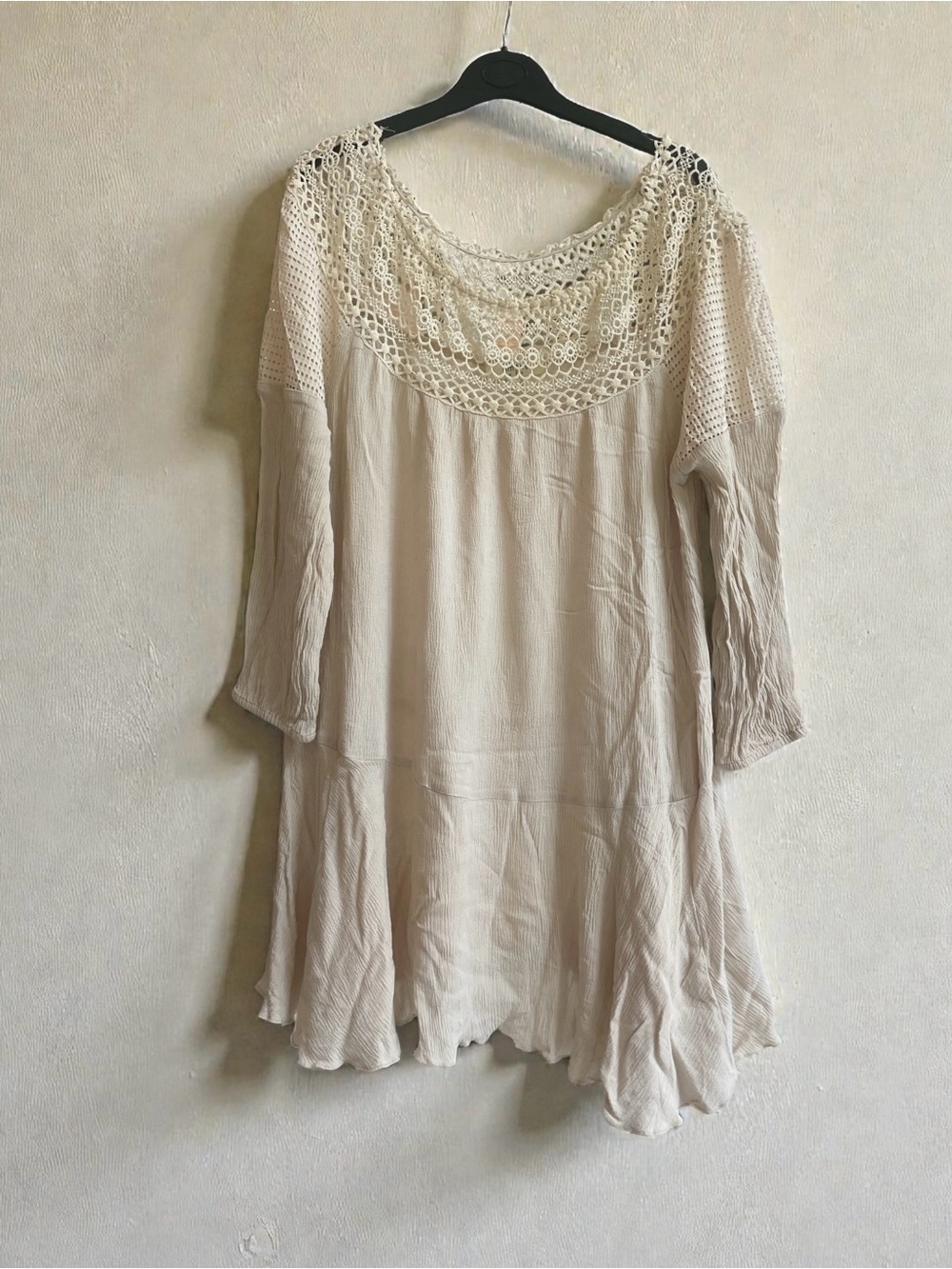 Umgee Boho Crochet Lace Neck Tunic Top Cream Crinkle Gauze Flowy Blouse S - Picture 2 of 7